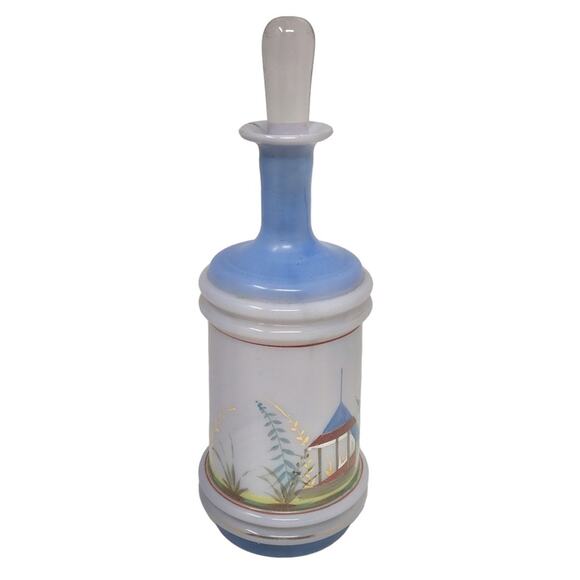 Vintage Hand Blown Bottle Hand Painted Blue & Gold Art Glass with Stopper - Picture 12 of 12